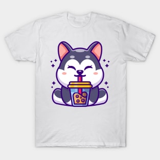 Cute husky drinking boba milk tea cartoon T-Shirt